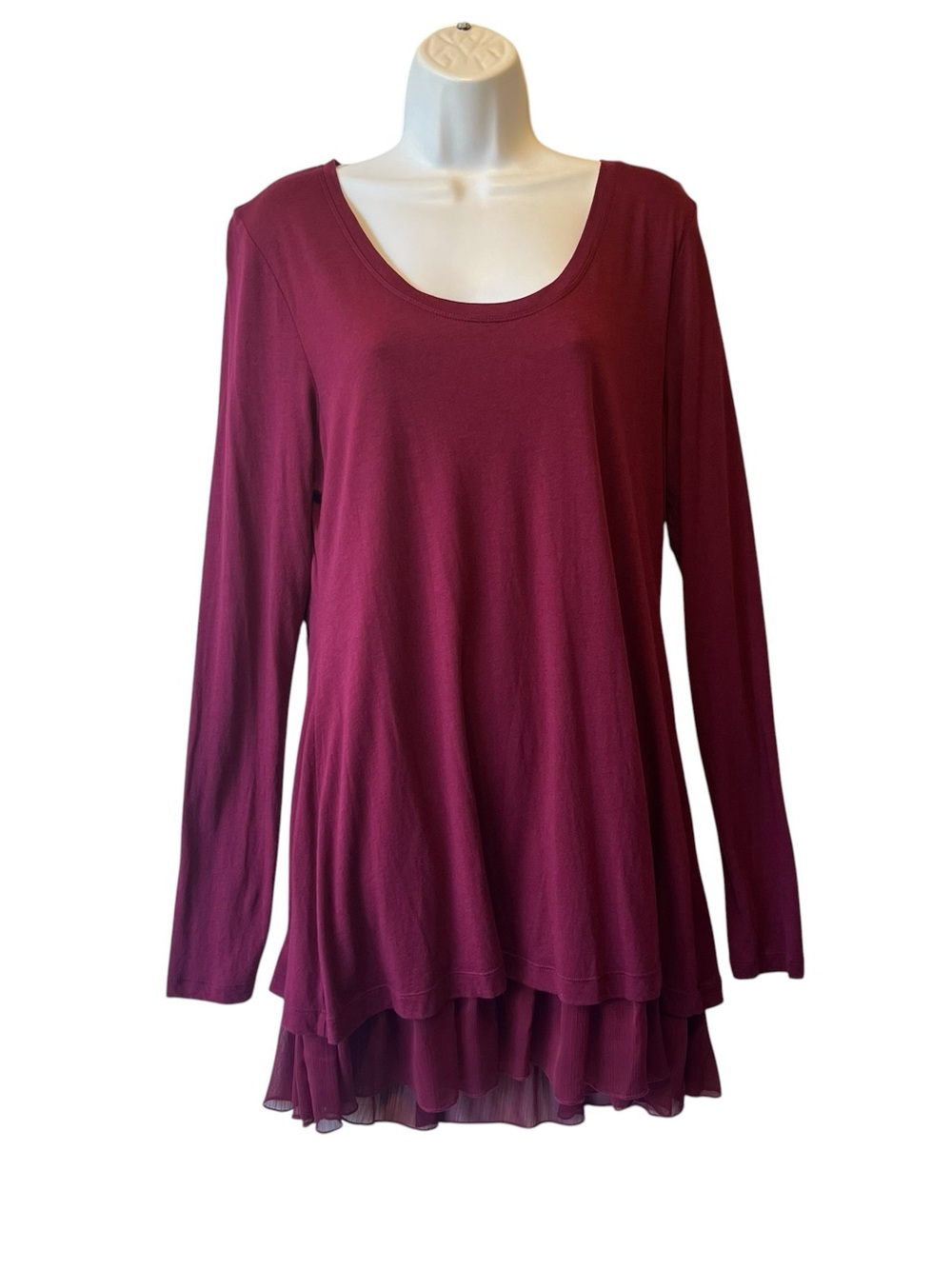 Peruvian Connection mini tunic dress L Burgundy Pima cotton Long sleeve Tiered
